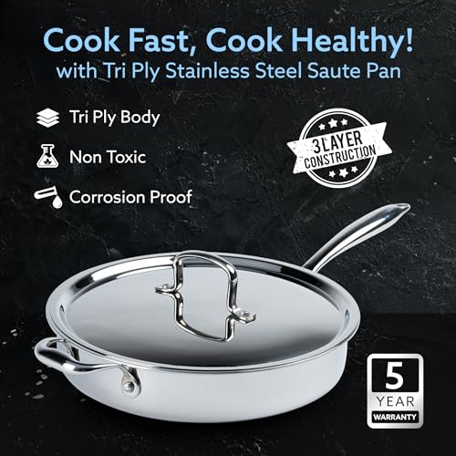 Image of AGARO Regency Triply Saute Pan 2.5L with Lid, 26 cm, Rivetted & Stay Cool Handle, Fast Heat Absorb & Retain, Food Safe, Durable, Curry, Stir-Fry, Deep Fry, Saute, Non Toxic, 5 Year Warranty, 2.5 mm