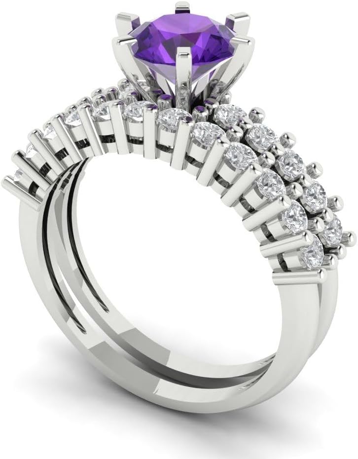 Clara Pucci 3.1 ct Round Cut Solitaire Genuine Natural Purple Amethyst Designer Art Deco Statement Wedding Ring Band Set 18K White Gold