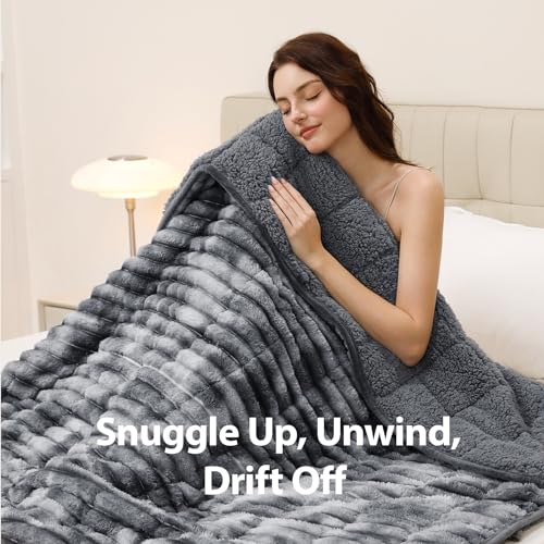 Image of Ultra-Soft Weighted Blanket for Adults(15 lbs, 60 inch x 80 inch Queen Size) 3D Striped Sherpa Fleece Reversible Heavy Blanket with Glass Beads, Perfect for 140-190 lbs, Machine Washable, Tie-dye Grey