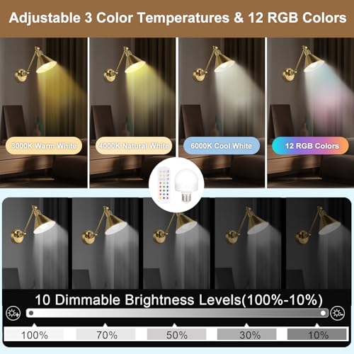 Image of TRLIFE Rechargeable Battery Operated Wall Sconces, Dimmable and Adjustable Color Temperature Wireless Wall Sconces Set of 2 with Remote Control, Gold Swing Arm Wall Light for Bedroom Bedside Hallway