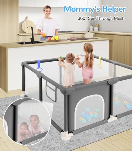 Image of Dripex Baby Playpen, 47 inchx47 inch Small Play Pen for Babies, Grey | Breathable Visible Mesh, Anti-Fall Design, Easy Setup, Indoor /Outdoor Use
