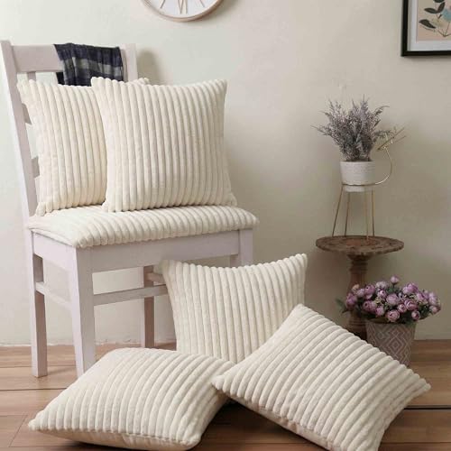 Image of Yellow Weaves Pencil-Stripe Fur Cushion Covers | Soft Polyester | Decorative Sofa & Throw Pillow Covers | 16x16 Inches, Pack of 5 (Ivory)