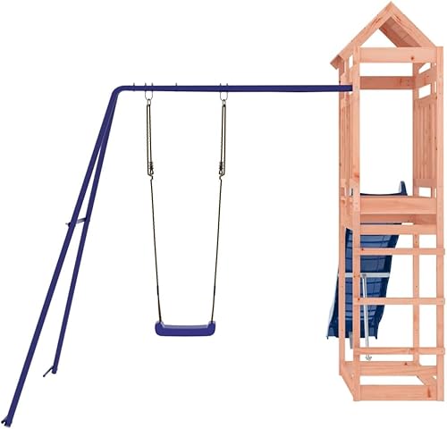 Miniatura 7 de Juego para exteriores Douglas de madera maciza, juego de jardín con 1 torre de juego, 1 juego de columpio individual, 1 tobogán ondulado, moderno
