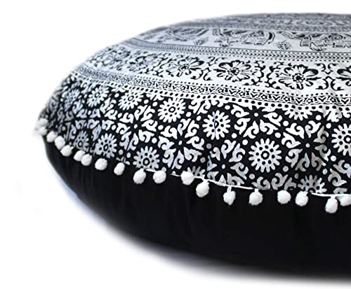 Craft Kala 32 Inch Large Hippie Mandala Meditation Floor Pillow Cushion Pouf Cover Round Poufs Bohemian Circle Floor Cushion Case For Outdoor Fireplace Yoga Living Room Decor (Black Silver Elephant) #TOP2