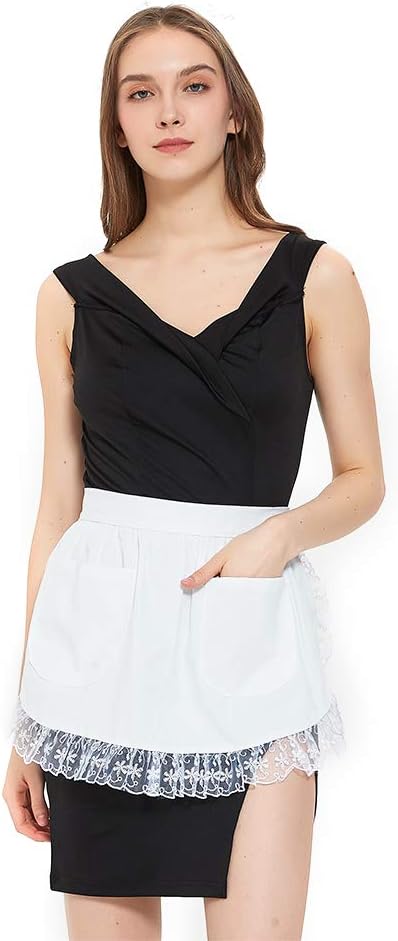 TOPTIECotton Waist Apron with Pockets for Women, Christmas Kitchen Lace Half Aprons for Cooking