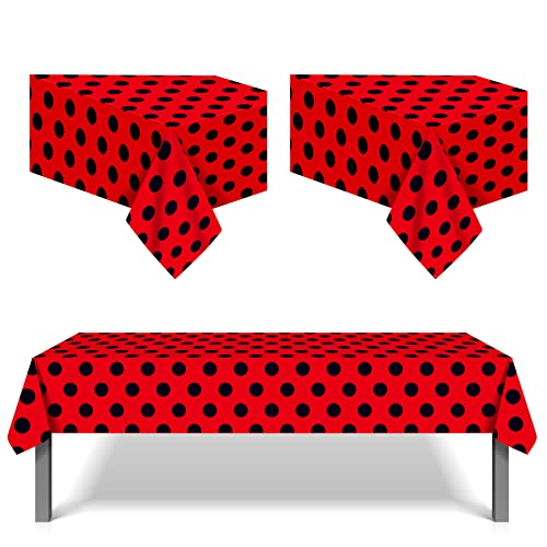 LJCL 3pcs Ladybug Tablecover Ladybug Party Tablecloth Pack Red & Black Polka Dots Tablecloth 54 x 87 Inch Rectangle Plastic Tablecloth for Ladybug Party Western Themed Party Birthday Party Decoratio