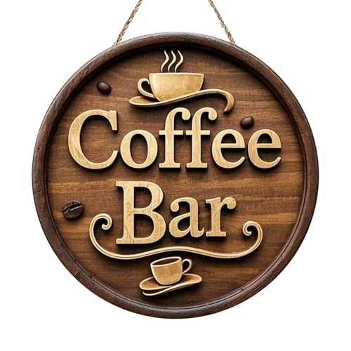Image of Wooden Coffee Bar Sign Decor - Vintage Wall Decor & Coffees Station Accessories for Kitchen, Home, Office, Cafe - Housewarming Gift (Coffee Bar Sign)