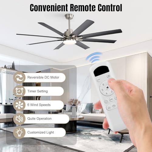 Image of Sofucor 52 Inch Ceiling Fans with Lights and Remote, Modern Black Indoor /Outdoor Ceiling Fan with Quiet Reversible DC Motor, Dimmable LED, 8 Blades Ceiling Fan Light for Bedroom, Living Room, Patio