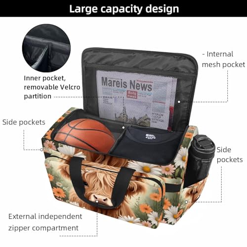 Travel Duffel Bags for Men and Women, Waterproof Weekender Overnight Gym Bags, Highland Cow Daisies2