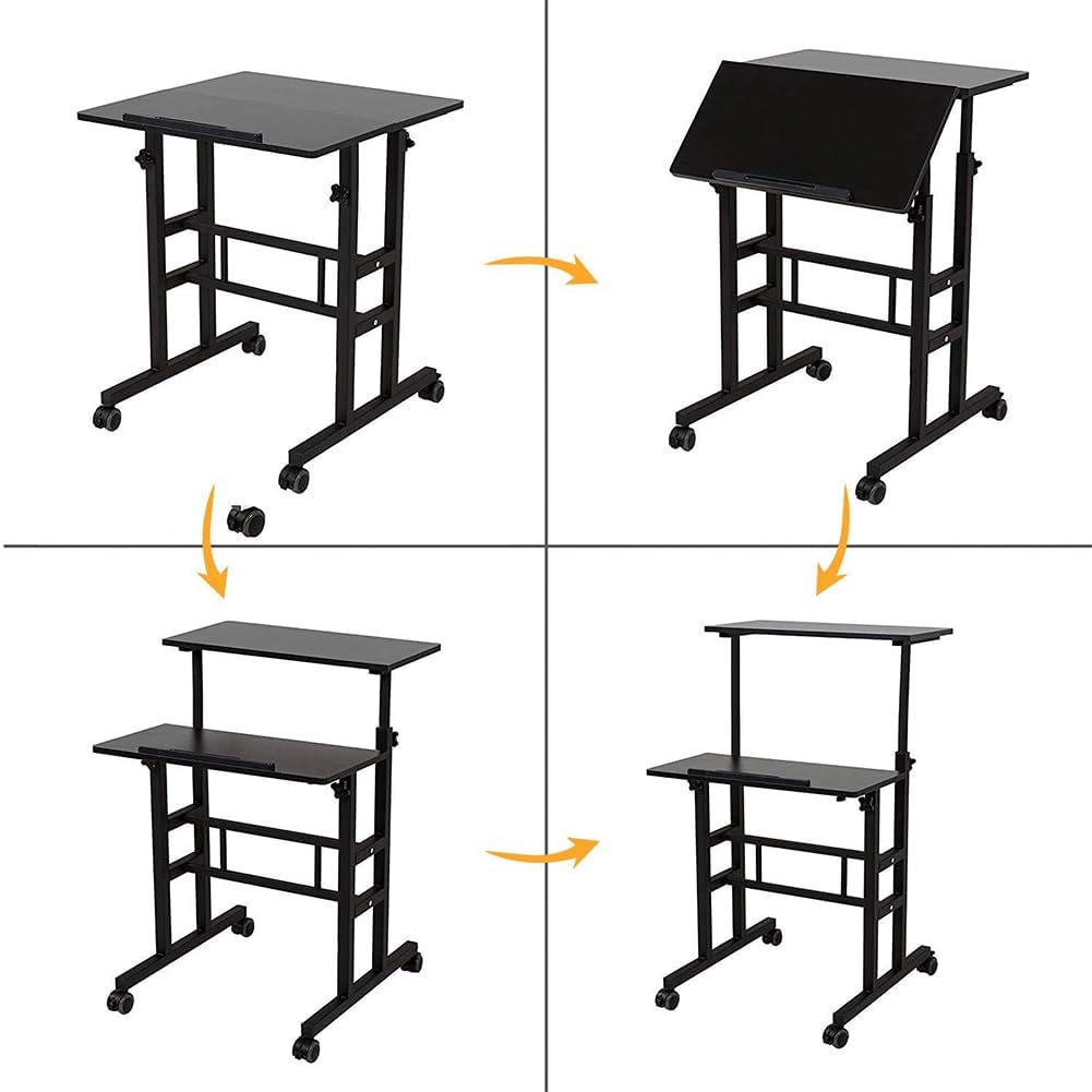 Garvee Bureau Debout Compact et Mobile – Hauteur réglable 60x60 cm, Plateau inclinable, roulettes – Poste de Travail pour Ordinateur Portable – Idéal Bureau à Domicile – Structure Fer et MDF Noir