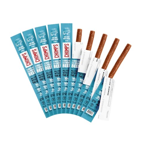 Chomps Grass-Fed and Finished Sea Salt Beef Jerky Snack Sticks 10-Pack - Keto, Paleo, Whole30, 10g Lean Meat Protein, Gluten-Free, Zero Sugar Food, Non-GMO