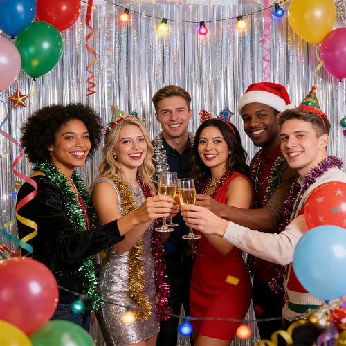 Lot de 2 Rideaux Lametta Argent Holographique, 1 x 2,5 m Rideau Métallique à Franges, Rideau Brillant Décoration Fête, Fond Photo Anniversaire Mariage Noël Nouvel an Disco Party – vue 6