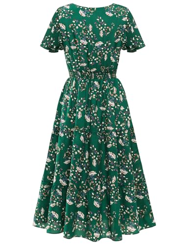 Image of Bridesmay Women's Summer Floral Midi Dress V Neck Short Sleeve A-Line Casual Beach Vacation Dresses Flowy