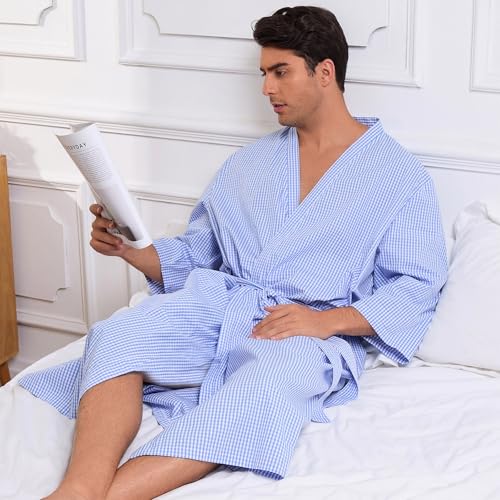 Men's Cotton Lightweight Bath Robe with Pockets, Soft Summer Mens Bathrobe, Comfy Spa Pool Hotel Gift Kimono Robe for Men2