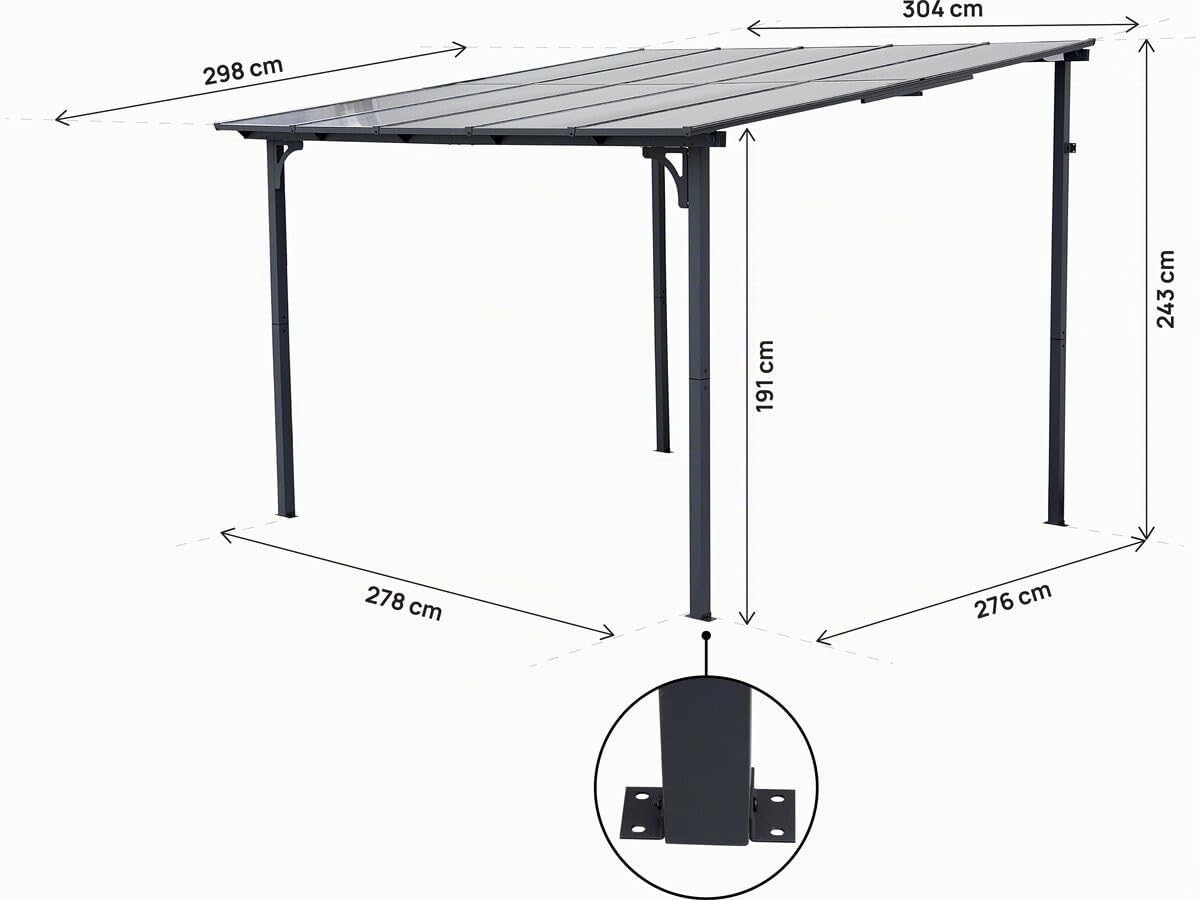 Pergola tonnelle adossée Marvin - 3 x 3 m - 304 x 298 x 243 cm - Gris foncé