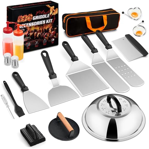 18Pcs Griddle Accessories Kit for Blackstone, Joyfair Flattop Grilling Accessory Set with Smash Burger Press, Stainless Steel Spatula Tools with Basting Cover for Outdoor BBQ Cooking (PP Handles)