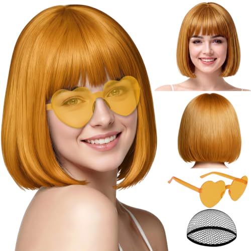 Image of PLULON Orange Brown Short Bob Wig with Bangs for Women, Colorful Neon Short Bob Synthetic Hair Wigs with Hair Cap Heart Sunglasses for Men Daily Bachelorette Halloween Costume Party Supplies