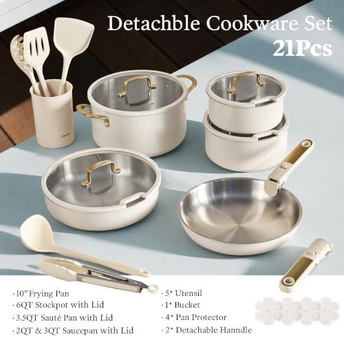 CAROTE 21pcs Tri-Ply Stainless Steel Cookware Set with Detachable Handle - Image 2