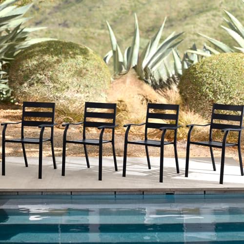 Puntogen Outdoor Dining Chairs Set of 4, All-Weather Metal Outdoor Metal Chairs, Stackable Patio Chairs with Armrest, Wrought Iron Patio Chair for Garden, Poolside, Backyard, Black