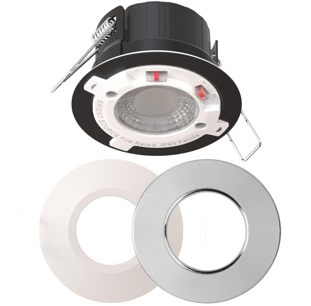 Bright Source All in One Switchable Wattage 6W/8W Integrated LED Downlight, White & Polished Chrome Bezel Bundle, TRIAC Dimmable, Adjustable Colour 2700K 3000K 4000K 6000K, IP65, Fire Rated, 1 Pack