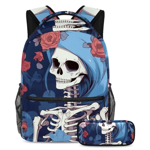 Cartable grande capacité lot de 2 avec trousse Fleurs Crâne