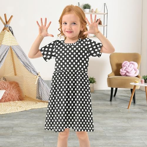 ALAZA Polka Dot Black White Girls Dress Short Sleeve Toddler Casual Dresses Summer Sundress 2-8T4