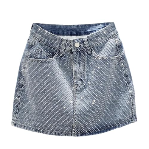 Women Rhinestone Mini Denim Skirts Fashion Diamonds High Waist A-Line Jean Skirt