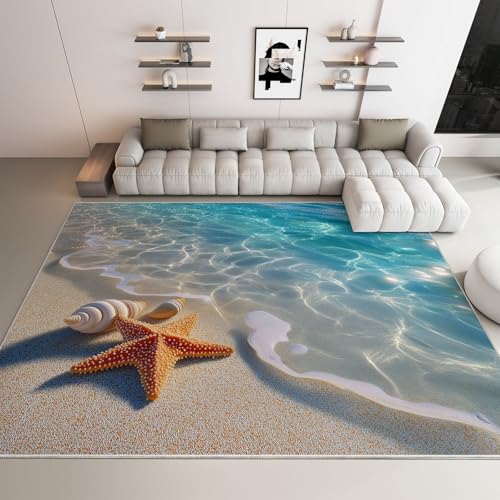 Alfombra Lavable Lavadora 140 x 200 cm, Salón Dormitorio Antideslizante Estampados Moderno Agua De Mar Estrellas De Mar Conchas - Crema Alfombra de Franela Suave para Pasillo de Entrada