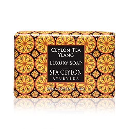 Spa Ceylon Ayurveda Ceylon Tea Ylang Luxury Cleansing Soap Bar Enriched with Virgin Coconut Rice Bran Wheat Germ and Almond, Vegetarian and Paraben Free, 250 Grams