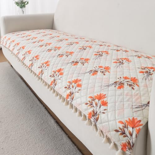 Image of HOKIPO Autumn Blossom Quilted Sofa Cover Mat for 3 Seater Sofa with Tassels 'Tassel Twigs' Series (IN-985-T5)