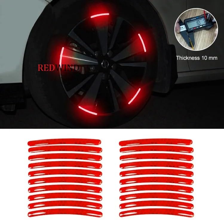 Image of REDWIND Vinyl Anti-Collision Glow In The Dark Wheel Self-Adhesive Rim Stickers - Night Reflective Tape Warning For Metal - Universal For Cars, Bikes, Motorcycles, Bicycle, Trucks 20 Strips,Red, 11 cm
