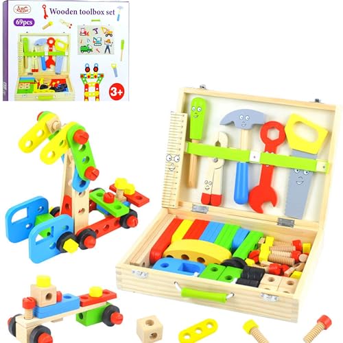 Image of Wooden Tool Kit for Kids | Pretend Play Construction Toy Set | STEM Educational Mechanic Set for Boys and Girls (Ages 3-8) (Wooden Tool Kit 69Pcs)