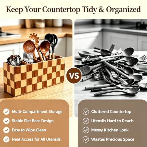 Image of Large Kitchen Utensils Holder 4 Compartments with Checkered Design,Corner Utensil Caddy for Countertop,Acacia Wooden Mixed With Poplar Wood Utensil Organizer for Kitchen Countertop, Farmhouse Decor