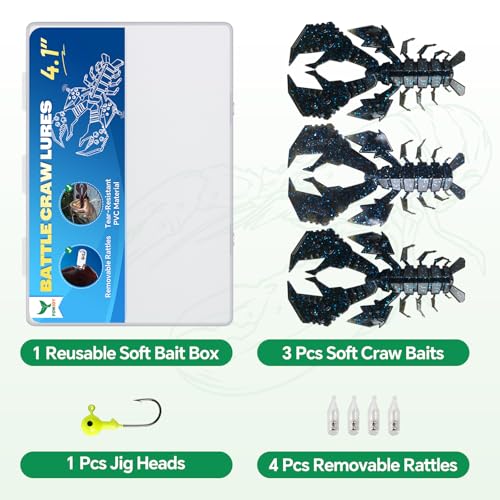 Image of Battle Craw Soft Plastic Crawfish Lures Kit with Removable Rattles | Salt Infused Creature Bait for Bass Fishing, Texas Rig & Jig Trailer Lure in Tackle Box, Realistic 1:1 Claw-to-body 4.1 /5.5in
