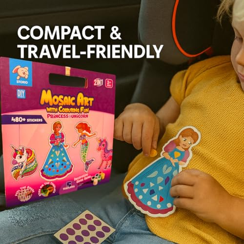 Image of Storio Mosaic Art & Craft Kit for Kids with Colouring Fun | Mirror Mosaic DIY Set with Unicorn & Princess Theme | Creative Craft Activity for Girls Age 4-8 | Mess-Free, Fun & Educational Gift
