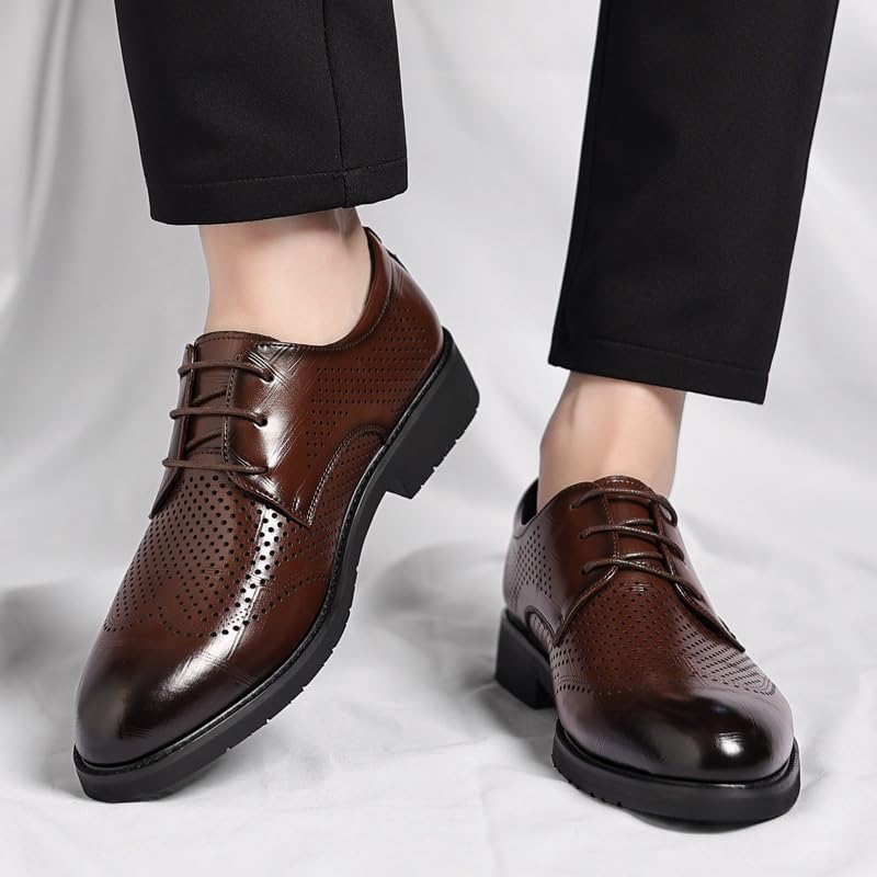 HOOENG Formal Shoes for Men Lace Up Pointed Burnished Toe Breathable PU Leather Derby Shoes Non Slip Block Heel Low Top Rubber Sole Slip Resistant Business(Color:Brown,Size:9)2