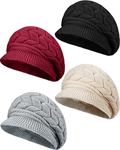 Newcotte Winter Hat for Women Knitted Caps with Visor 2026 Warm Hats for Women Beanies for Winter Cold Weather(Black, Beige, Gray, Burgundy,4 Pcs)