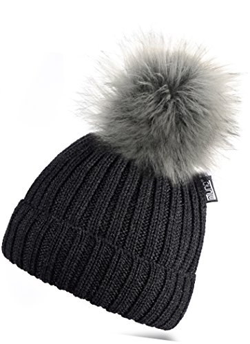 Preisvergleich Produktbild Miuno® Kunstfell Bommelmütze Strickmütze mit Teddyfutter MJ163 (Graumeliert)