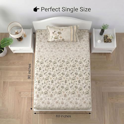Image of Mafatlal Spring Glory Cotton Single Bedsheet Combo Pack of 2 with Pillow Covers | 180 TC Durable Soft Touch Fabric | Elegant Home Furnishing for Single Bed | Persian Red & Floral Beige