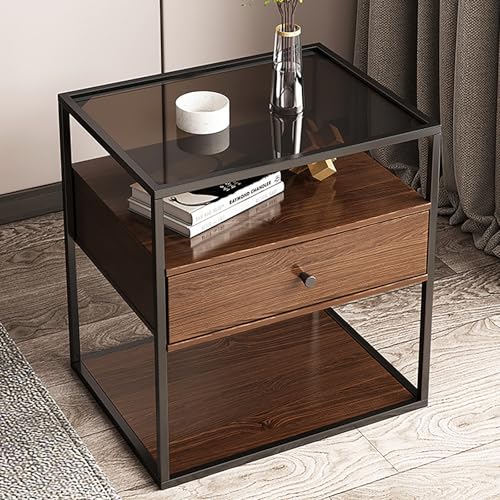 Tavolini per camera da letto, lato moderno, comodino, mobili per soggiorno e camera da letto, tavolino in vetro marrone, armadio con cassetti, decorazione in soggiorno, camera da letto (A)