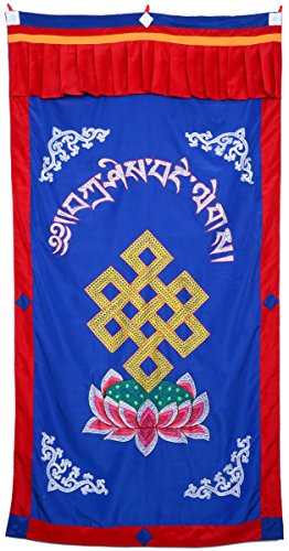 BUDDHAFIGUREN Cubierta de puerta bordada budista con Shrivasta - nudo sin fin - azul con borde rojo - 90x180 cm