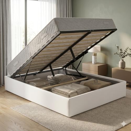 Literie Julien Ensemble Lit Coffre et Matelas 120x200 cm - Couleur : Blanc - Sommier Relevable avec Vérins Hydrauliques - Matelas Soutien Très Ferme Haute...