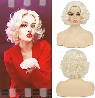 Tseses Short Blonde Curly Wigs for Old Lady with Bangs Finger Wave Synthetic Hair Natural Heat Resistant Cosplay Halloween Costume Women Full Wigs