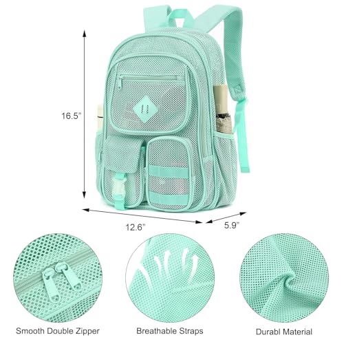 Mesh Backpack for Boys Girls Adults, Heavy Duty See Through School Bookbag for Outdoor, Beach, Swimming, Travel (Mint Green)4