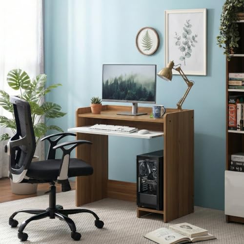 Image of NEUDOT Berry Engineered Wood Computer Table | Office Table | Study Desk | Freestanding with Keyboard Tray | Compact and Space Saving | Leon Teak & White Finish