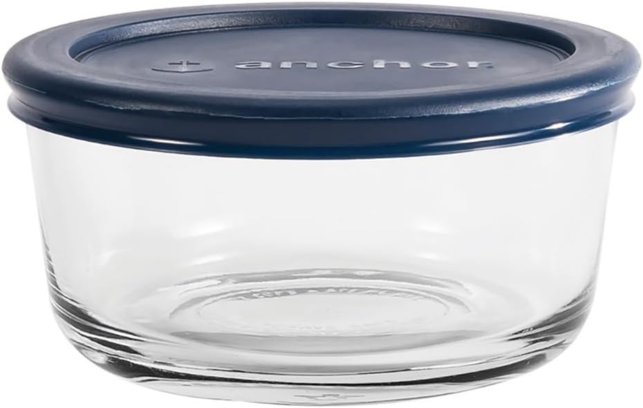 Anchor Hocking 2 Cup Glass Storage Containers with Lids, Set of 4 Glass Food Storage Containers with Navy SnugFit Lids