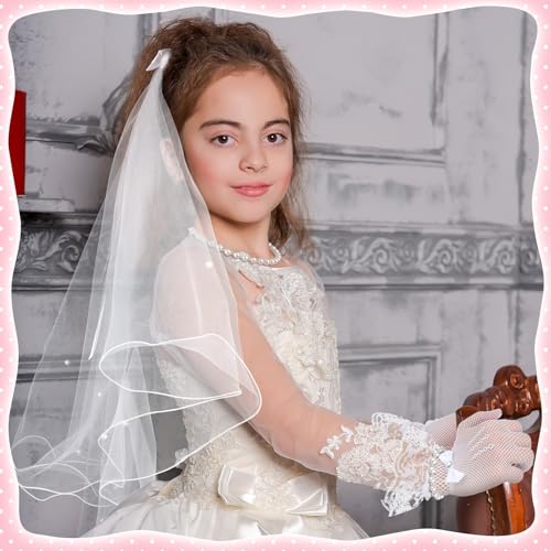 Image of Bencailor 5pcs First Communion Costume Accessories Set Lace Gloves with Hair Comb Pearl Necklace Bracelet Earrings(Bleached Pearl,Lovely)