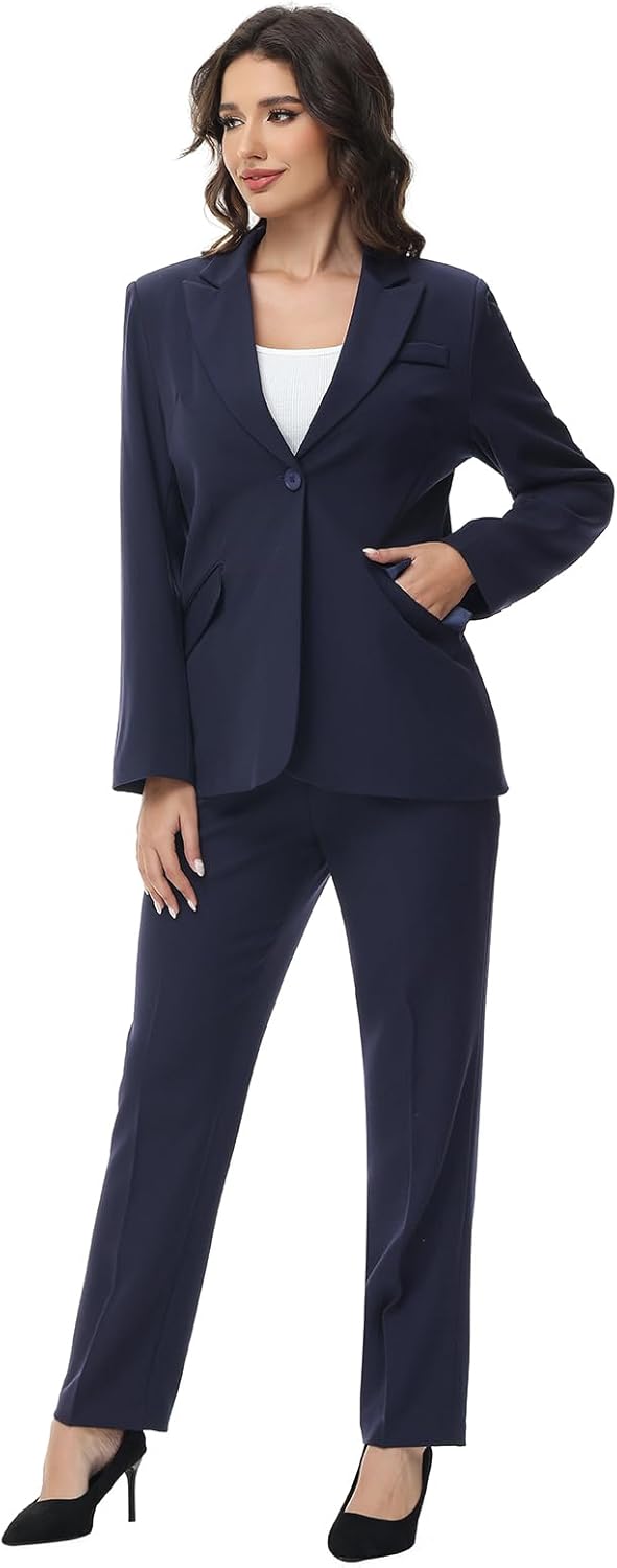 Lamgool Women Suit 2 Pieces Set One Button Lady's Business Formal Peak Lapel Blazer and Pants for Work - Image 2