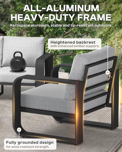 Image of Aluminum Outdoor Sofa Bistro Set, Oversized Patio Conversation Sets Widened Armrest & Ultra-Thick Cushions, Deep Seating Patio Furniture Set for Backyard, Porch, Gray