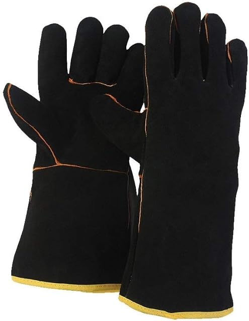 FZTEY Heat Resistant Fire Proof Guant, Welding High Temperature Gloves, Stove Long Leather Welders Thermal Gauntlets For BBQ, Mig,Log Burner Woodburning, Fireplace(Black)